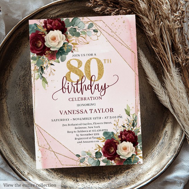 Invitation Gras Boho Deep Red Gold Flowers 80e anniversaire (Bold Boho Deep Red Gold Flowers 80th Birthday Invitation)