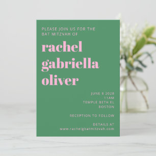 Invitation Gras brillant moderne rose vert simple Bat mitzvah