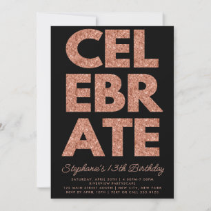 Invitation Gras CÉLÉBRER Noir, Rose Parties scintillant or An