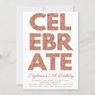 Invitation Gras CÉLÉBRER Rose Parties scintillant or Annivers