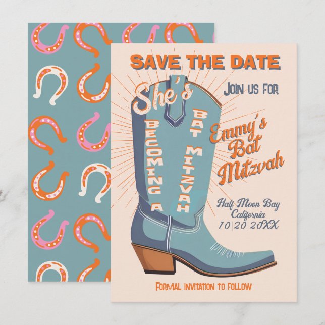Invitation Gras Coloré Cowboy Bat mitzvah occidental (Devant / Derrière)