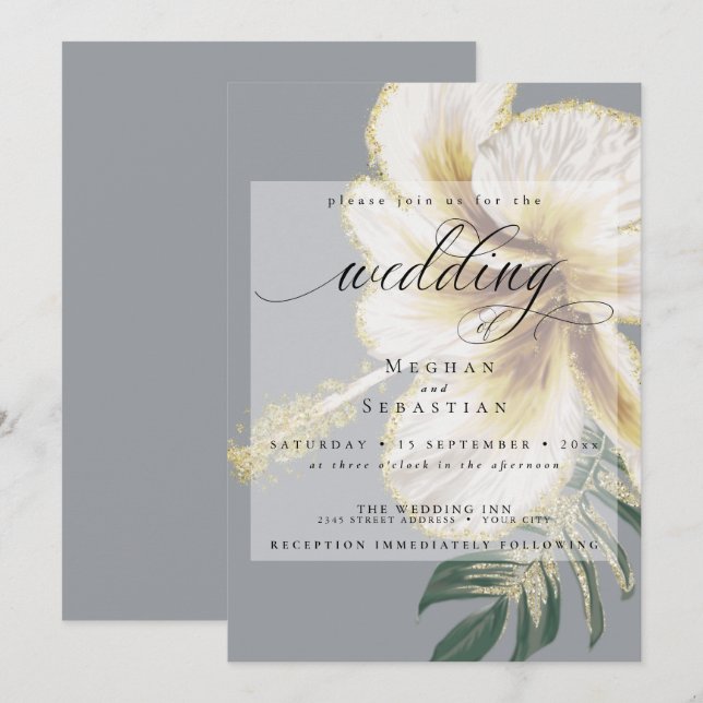 Invitation Gras Élégant jaune pâle ivoire Mariage floral (Devant / Derrière)