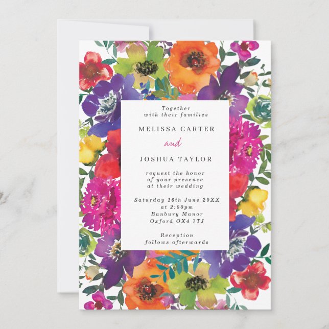Invitation Gras Fiesta Fleurs colorées Mariage d'été (Devant)