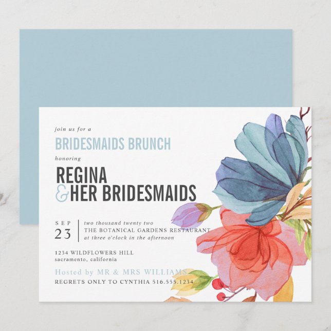 Invitation Gras Fleur sauvage Aqua Bridesmaitres Brunch Lunch (Devant / Derrière)