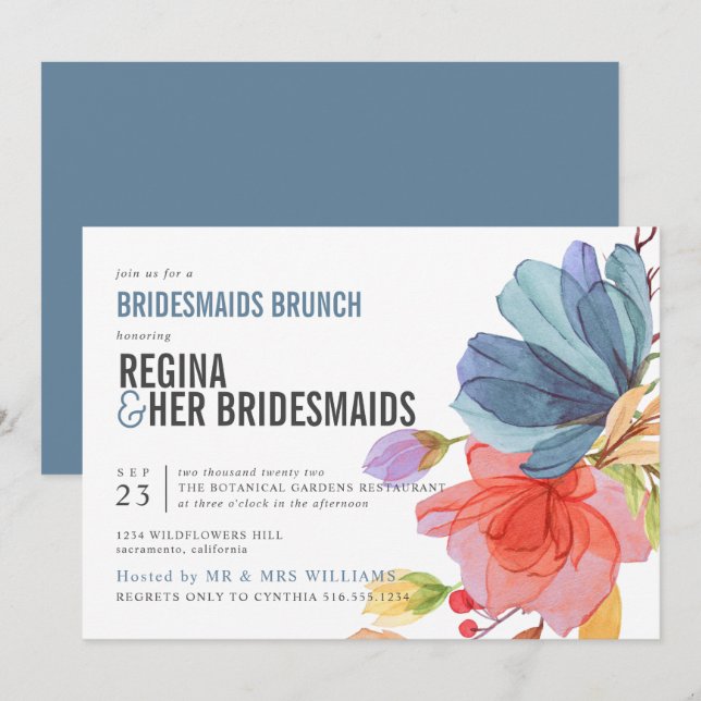 Invitation Gras Fleur sauvage Blue Bridesmaitres Brunch Lunch (Devant / Derrière)