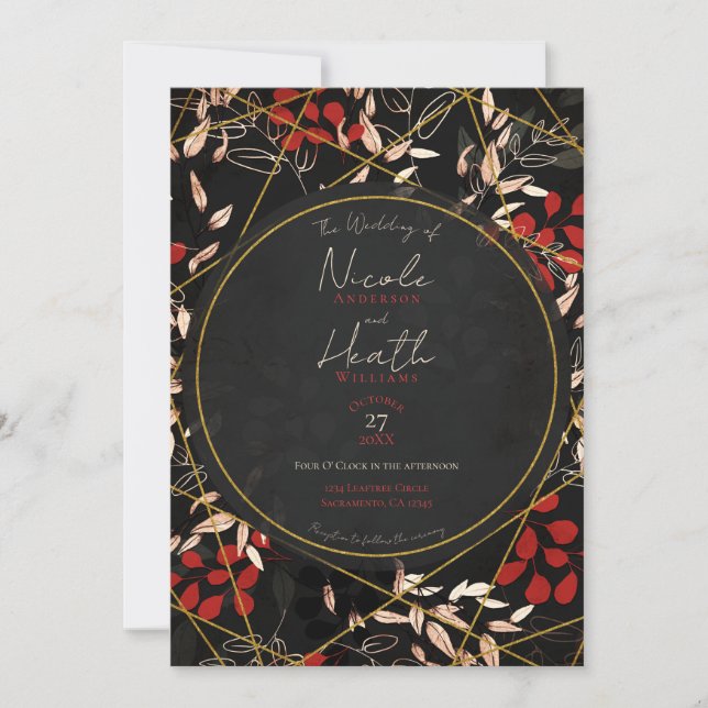 Invitation Gras floral rouge noir gris or Mariage (Devant)
