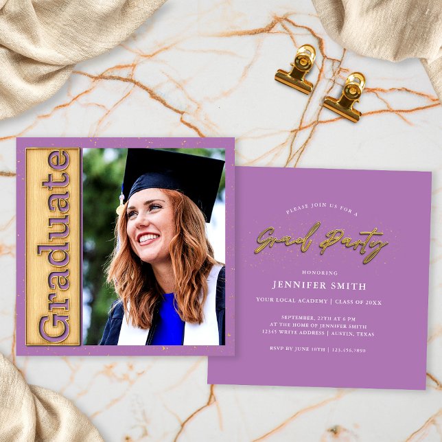 Invitation Gras Gold Lavender Photo Graduate Party (Créateur téléchargé)