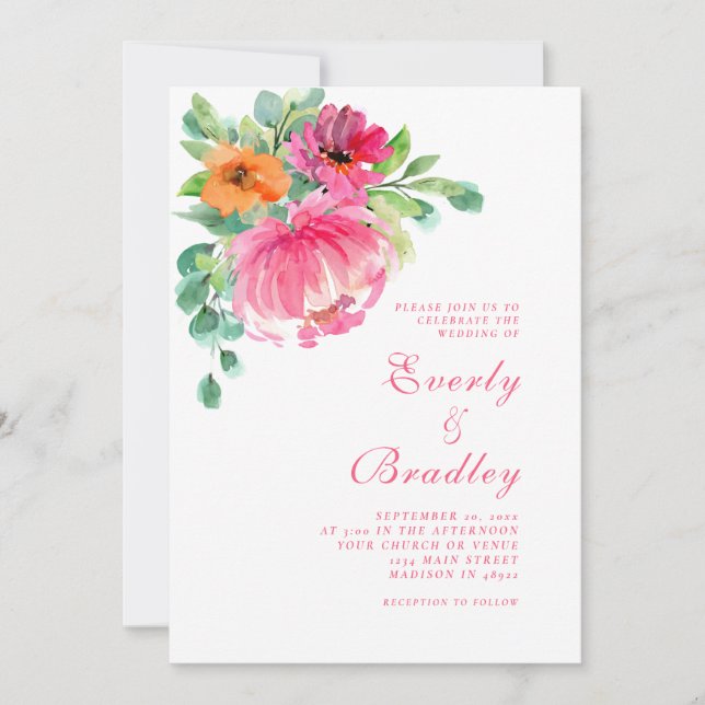 Invitation Gras Grand rose orange vibre Floral Chic Mariage (Devant)