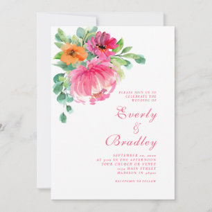 Invitation Gras Grand rose orange vibre Floral Chic Mariage