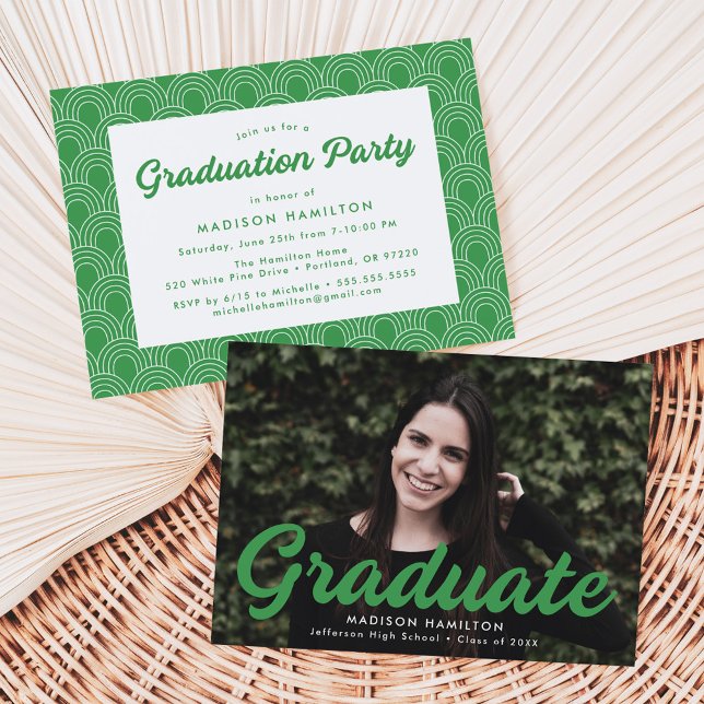 Invitation Gras Green Script Photo Graduation Party (Créateur téléchargé)