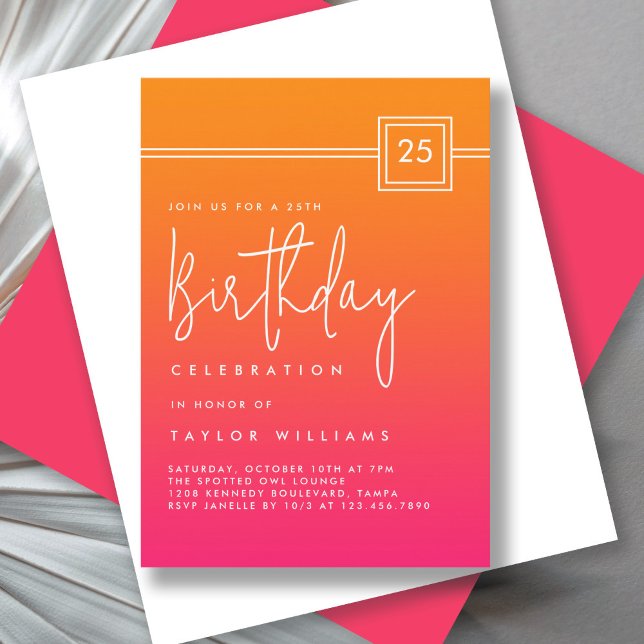 Invitation Gras Hot Rose Orange Simple Minimal 25e anniversai (Available in both printed and instant download digital formats.)
