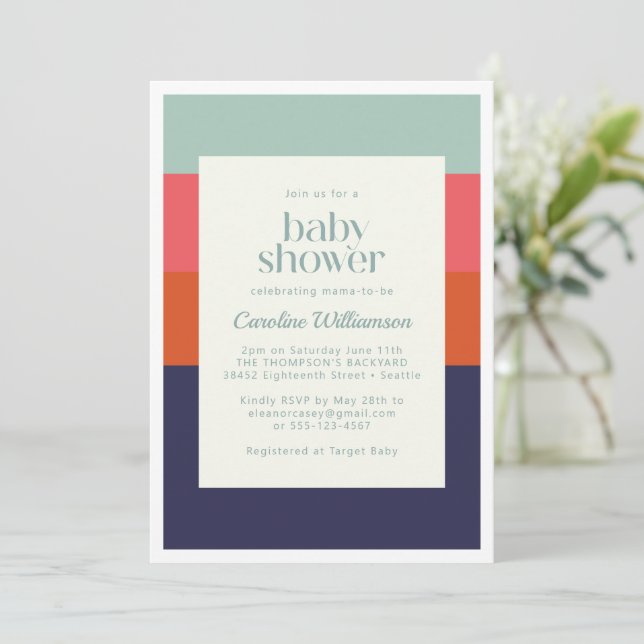 Invitation Gras Marine Bleu et Rouge Rayures Baby shower chic (Debout devant)