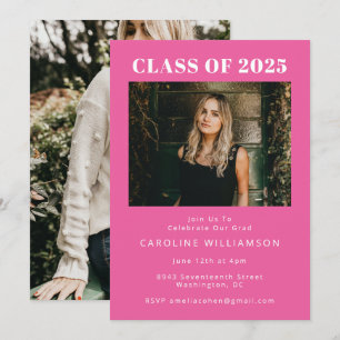 Invitation Gras Moderne Hot Rose Deux Photo Graduation
