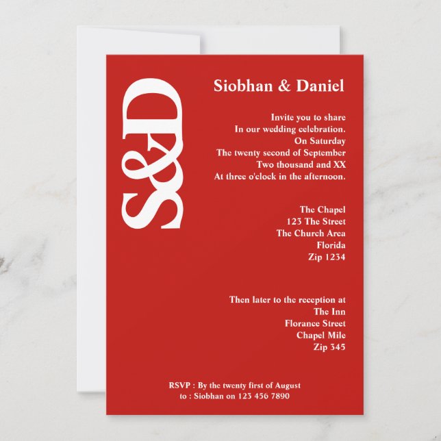 Invitation Gras Monogramme Mariage rouge et blanc (Devant)