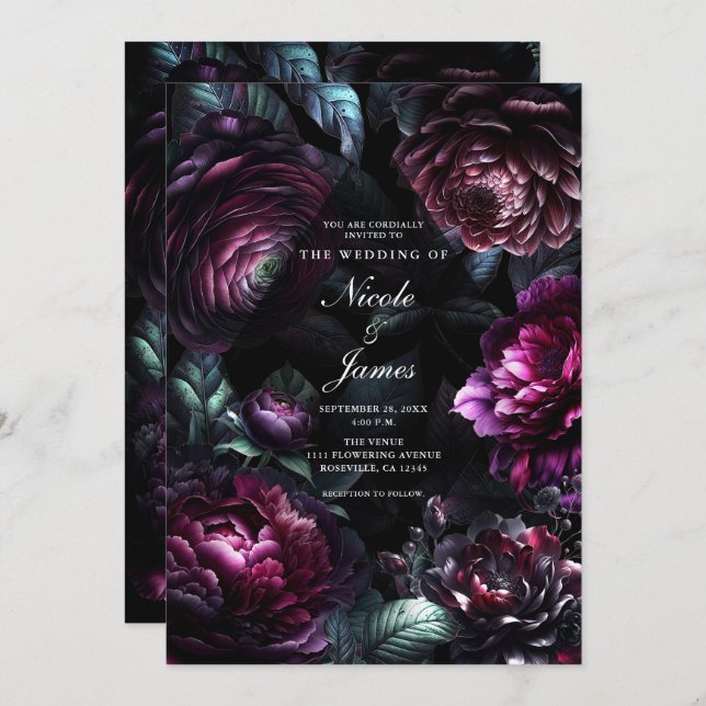 Invitation Gras Moody Flowers Black Enchanted Floral Mariage (Devant / Derrière)