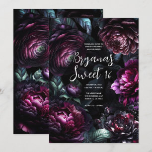 Invitation Gras Moody Flowers Black Enchanted Floral Sweet 16