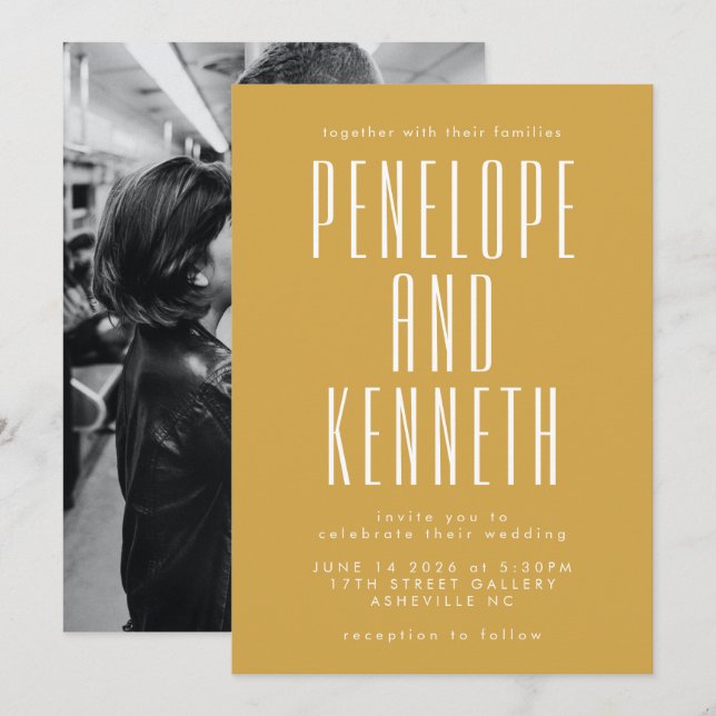 Invitation Gras Noms Typographie rétro Mariage photo jaune (Devant / Derrière)