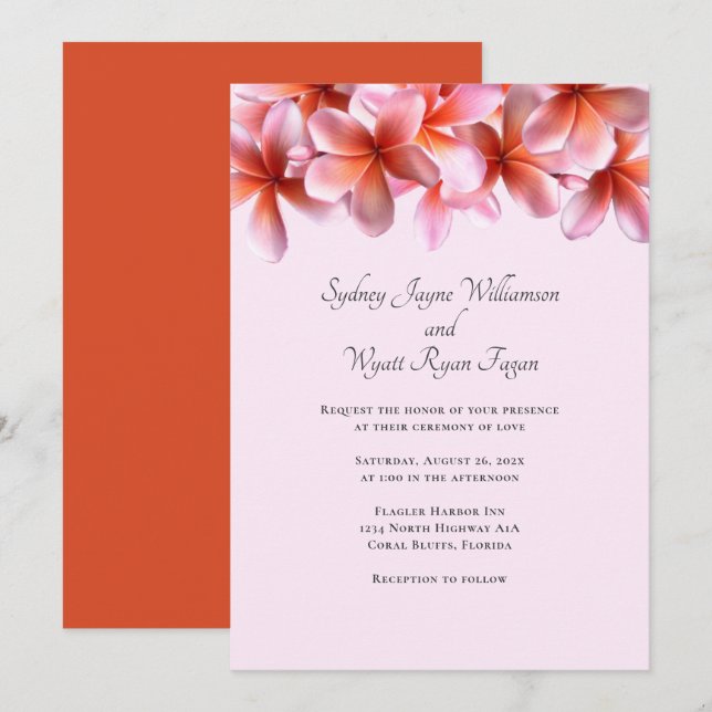 Invitation Gras Plumeria Bordure florale Mariage simple (Devant / Derrière)