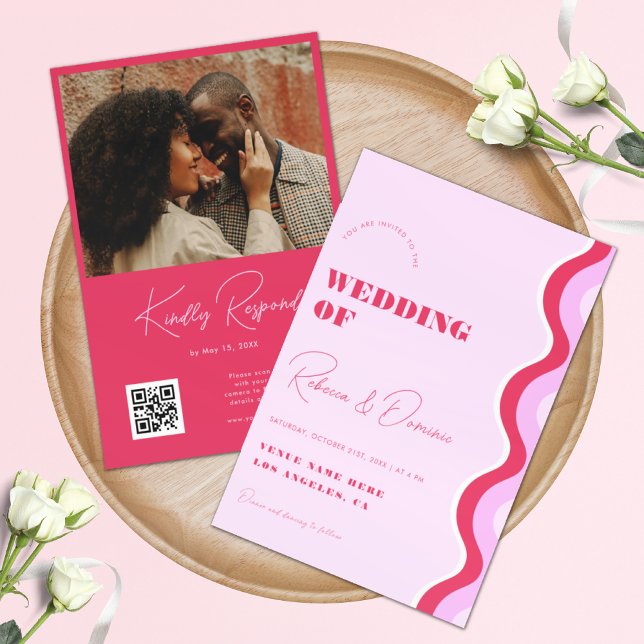 Invitation Gras Retro Wave rose et rouge photo QR Code Mariag (Créateur téléchargé)