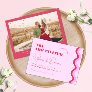 Invitation Gras Retro Wavy Curvy Stripes rose et rouge Mariag