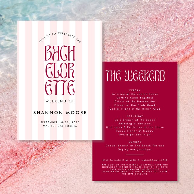 Invitation Gras Rose Magenta Stripes Bachelorette Week-end (Pink and bold - a fun Bachelorette weekend invitation with bold typography and a striped background.)