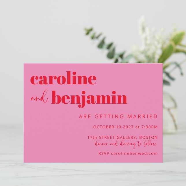 Invitation Gras rose vif et rouge chic Mariage moderne (Debout devant)
