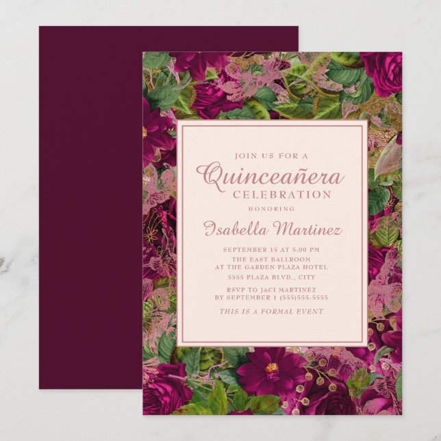 Invitation Gras Rouge Vin Lacy Rose Floral Quinceañera (Devant / Derrière)