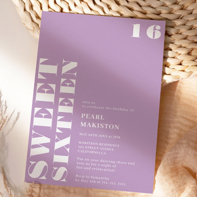 Invitation Gras simple lavande blanche douce 16 anniversaire (Bold simple white lavender sweet 16 birthday invitation)