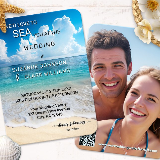 Invitation Gras Turquoise Coastal Beach Mariage (A whimsical funny coastal wedding invitation featuring a beach in bold blue and turquoise colors)