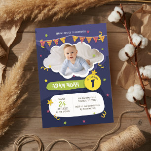 Invitation Gras violet vert Confetti 1er Anniversaire Photo