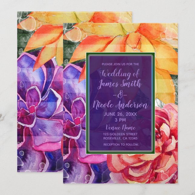 Invitation Gras Vivid Vibrant Colorful Succulent Mariage (Devant / Derrière)