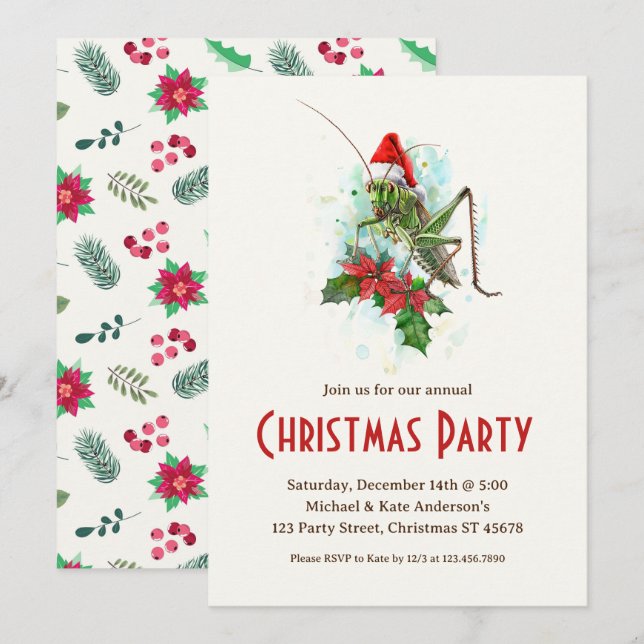 Invitation Grasshopper Santa Hat Poinsettias Noël (Devant / Derrière)