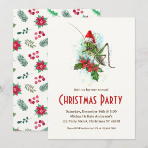 Invitation Grasshopper Santa Hat Poinsettias Noël
