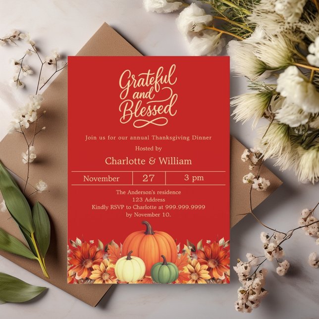 Invitation Gratuit béni citrouille orange rouge Thanksgiving (Créateur téléchargé)