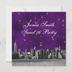 Invitation Gravé #3 Skyline de NYC Violet Or Étoile Sweet 16
