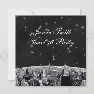 Invitation Gravé NYC Skyline 2 Noir Or Étoile Sweet 16
