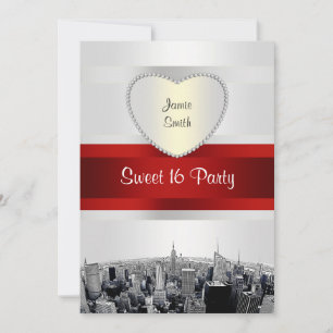 Invitation Gravé NYC Skyline 2H Blanc, Ruban Rouge Sweet 16