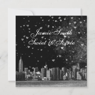 Invitation Gravé NYC Skyline Fond Noir Cœur Blanc Sweet 16 SQ