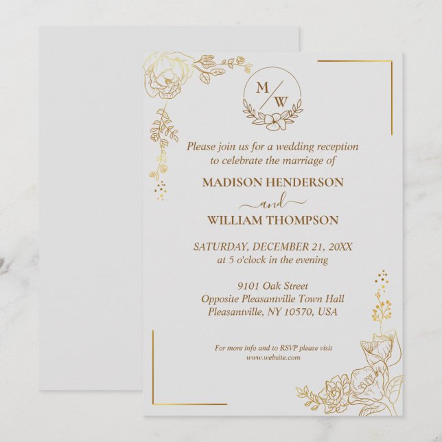 Invitation Graving Golden Floral Mariage Réception (Devant / Derrière)