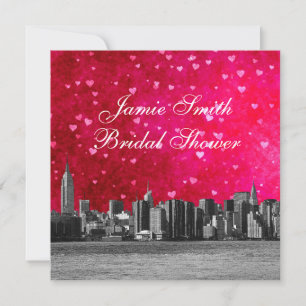 Invitation Gravure de la skyline de NYC Rose Chaud Rouge Mari