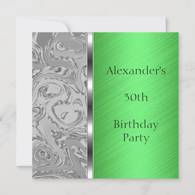 Invitation Gray Abstrait & Green Birthday Event (Devant)
