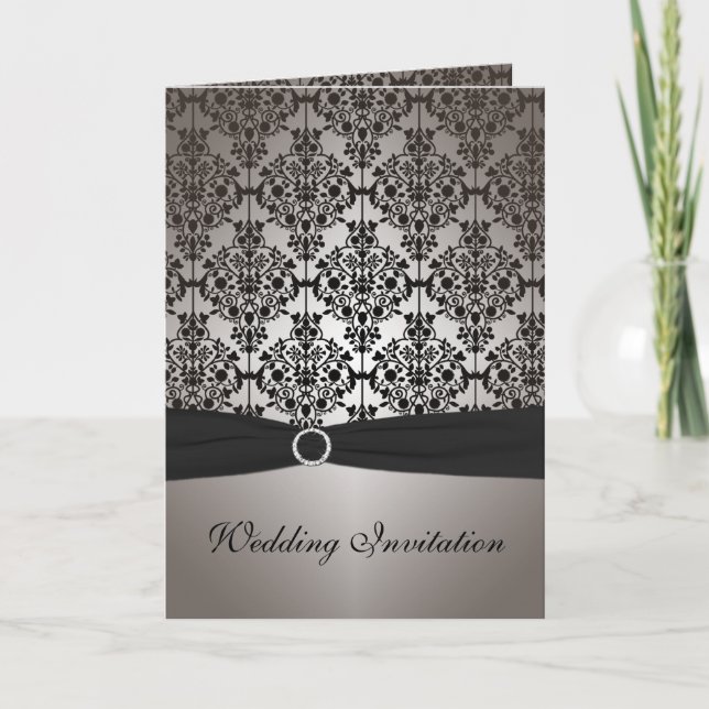 Invitation Gray and Black Damask Card Style Mariage Inviter (Devant)