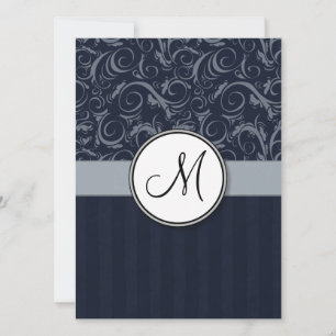 Invitation Gray and Navy Floral Wisps & Stripes avec Monogram