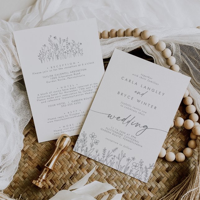 Invitation Gray Calligraphy Wildflower Front and Back Wedding (Créateur téléchargé)