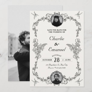 Invitation Gray Classic Vintage ornement floral photo mariage