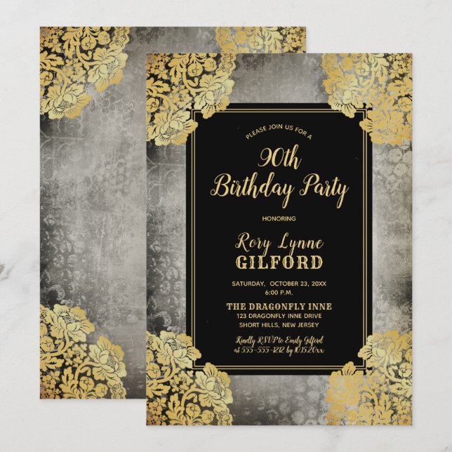 Invitation Gray | Gold Victorian Lace 90th Birthday Party (Devant / Derrière)