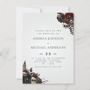 Invitation Gray Gothique Floral Crâne Élégant Mariage Hallowe
