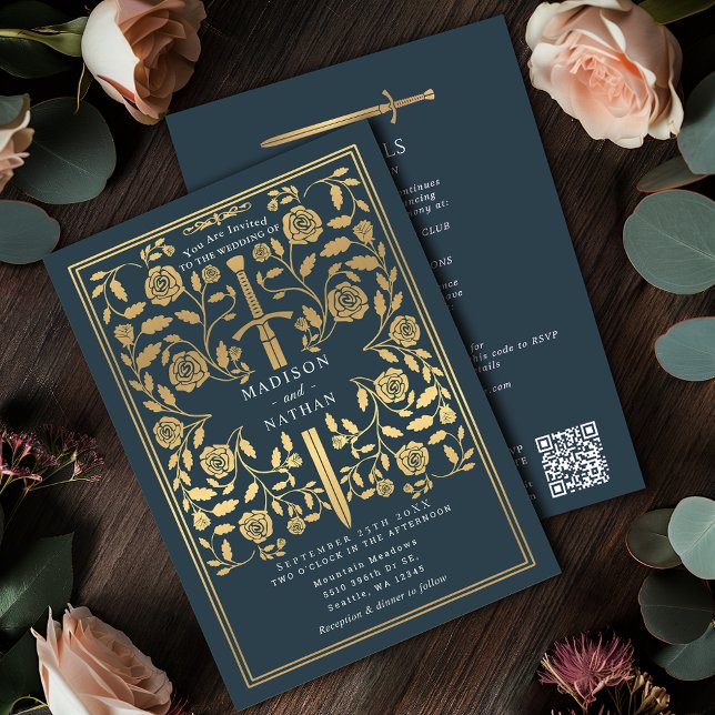 Invitation Gray Royal Medieval Gold Sword Wedding QR Code (Créateur téléchargé)