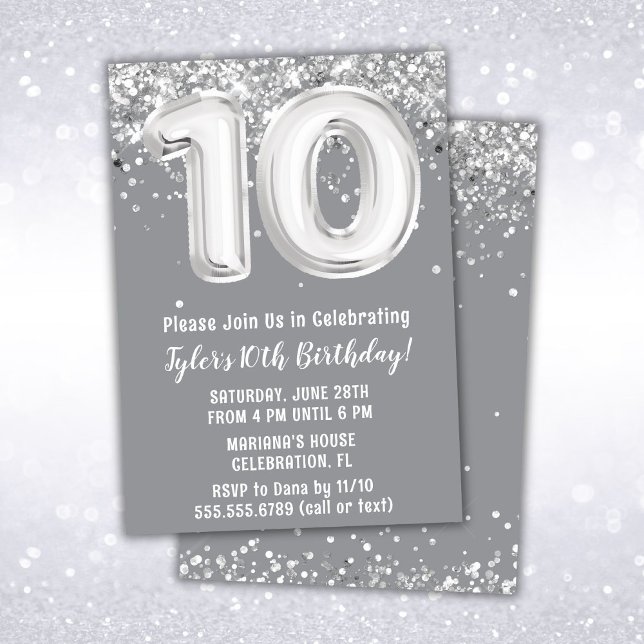 Invitation Gray Silver 10e fête d'anniversaire (Créateur téléchargé)