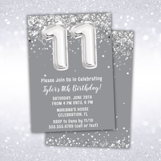 Invitation Gray Silver 11e fête d'anniversaire (Créateur téléchargé)